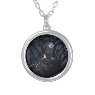 Raven and Rat Skeleton in Moonlight - Halloween Silver Plated Necklace
