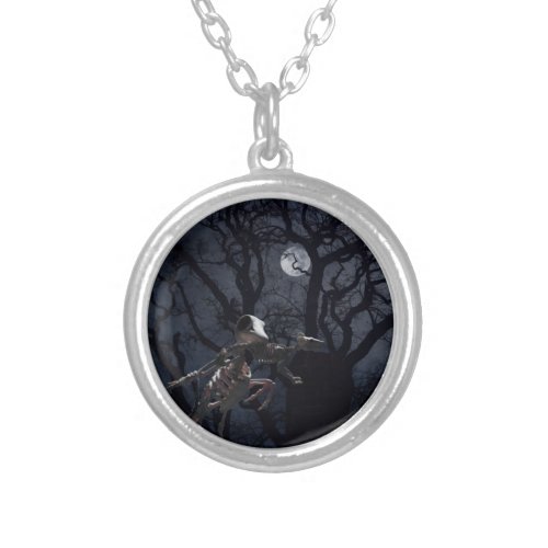 Raven and Rat Skeleton in Moonlight _ Halloween Silver Plated Necklace