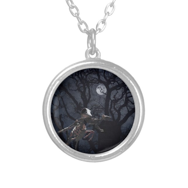 Raven and Rat Skeleton in Moonlight - Halloween Silver Plated Necklace (Front)