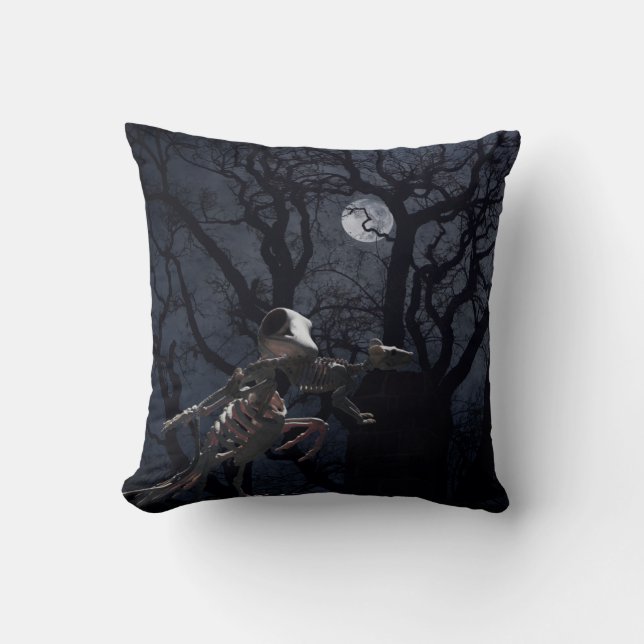 Raven and Rat Skeleton in Moonlight Throw Pillow (Front)