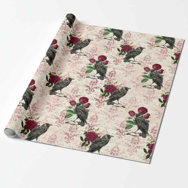 Raven and Roses Damask Wrapping Paper (Unrolled)