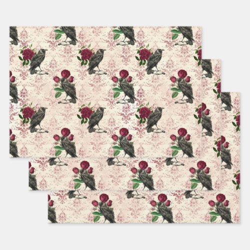 Raven and Roses Damask Wrapping Paper Sheets