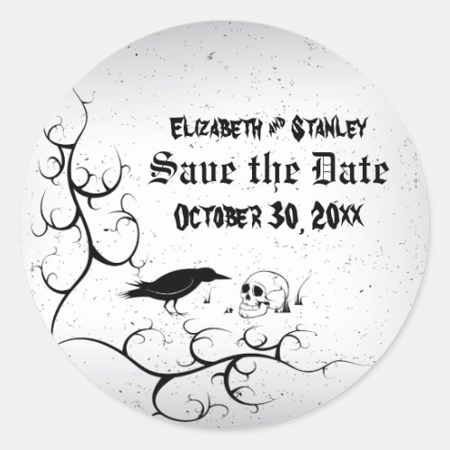 Raven and skull Gothic wedding Save the Date Classic Round Sticker
