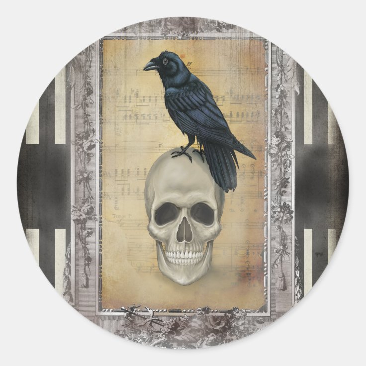 Raven and Skull halloween Classic Round Sticker | Zazzle