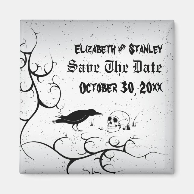 Raven and skull Halloween wedding Save the Date Magnet (Front)