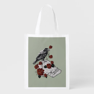 Raven and Skull Red Roses Gothic Tote Bag.