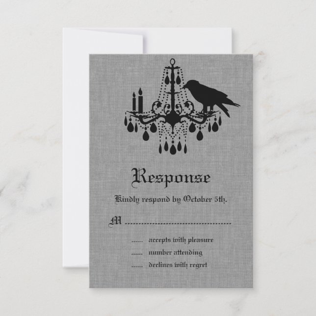 Raven and Spider Damask Gray Linen RSVP Card (Front)