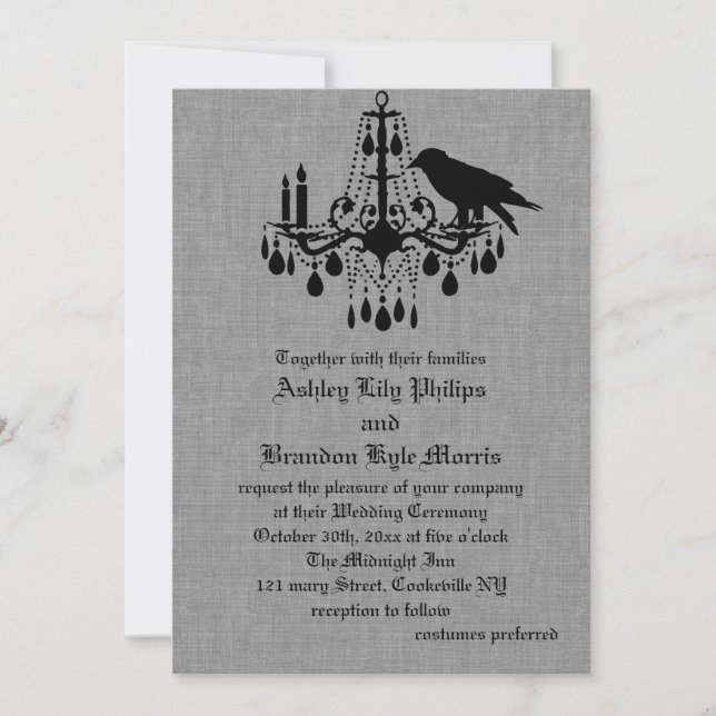Raven and Spider Damask Gray Linen Wedding Invite (Front)