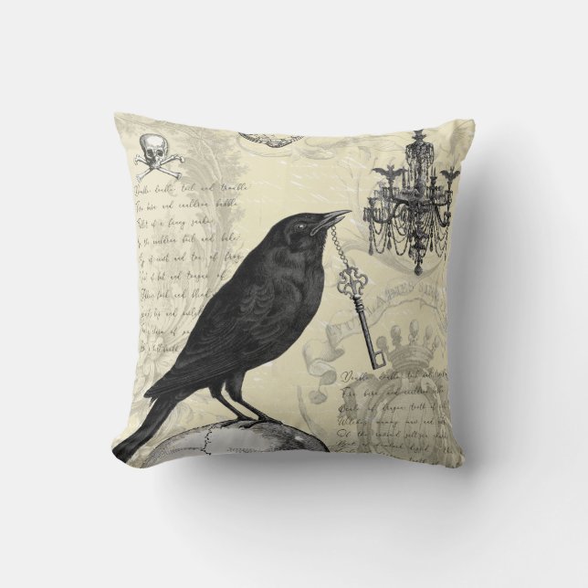 Raven and the Key, Gothic, halloween, Throw Pillow (Front)