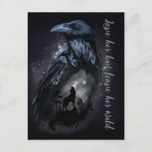 Raven and wolf that howls at the moon postcard