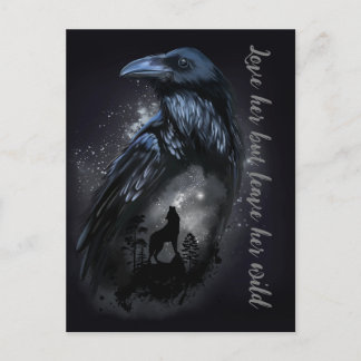Raven and wolf that howls at the moon postcard
