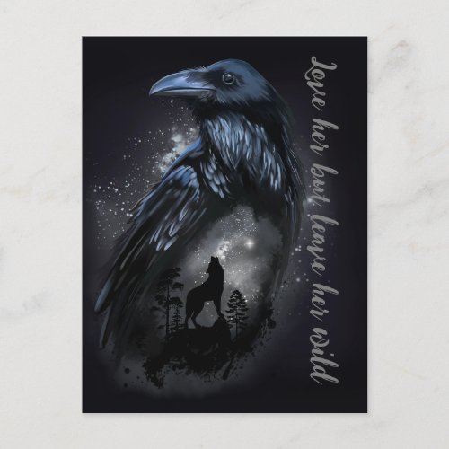 Raven and wolf that howls at the moon postcard