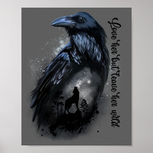 Raven and wolf that howls at the moon poster