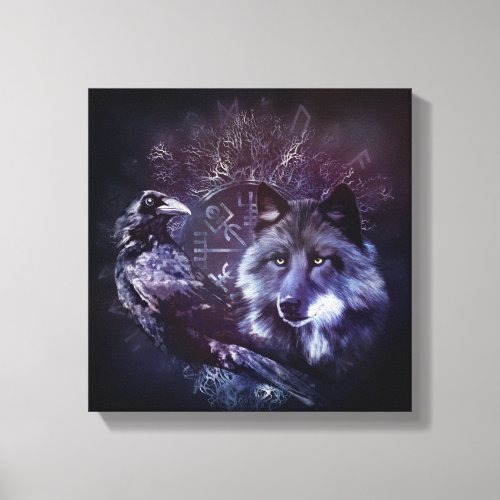 Raven and Wolf _ Vegvisir and Tree of life Canvas Print