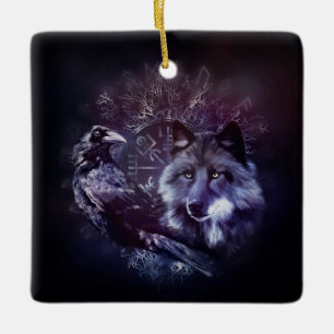 Raven and Wolf - Vegvisir and Tree of life Ceramic Ornament