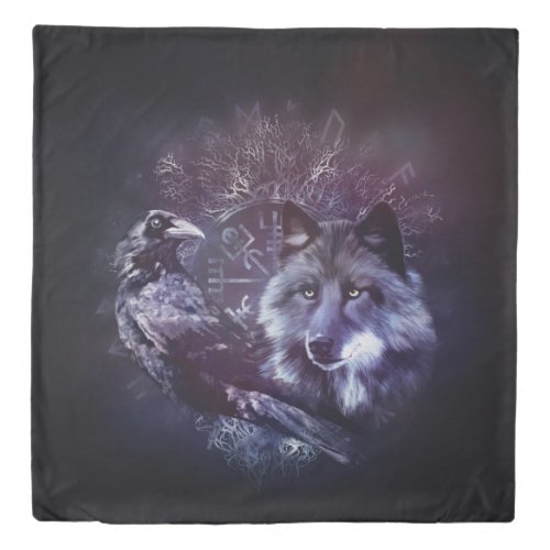 Raven and Wolf _ Vegvisir and Tree of life Duvet Cover