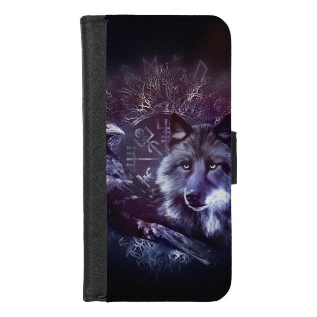 Raven and Wolf - Vegvisir and Tree of life iPhone Wallet Case (Front)