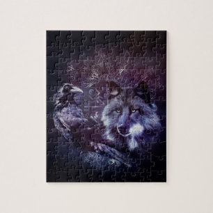 Raven and Wolf - Vegvisir and Tree of life Jigsaw Puzzle