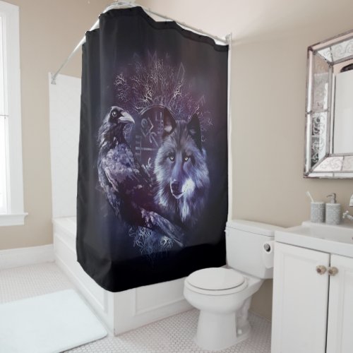 Raven and Wolf _ Vegvisir and Tree of life Shower Curtain