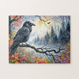 Raven Autumn Watercolor Art Jigsaw Puzzle