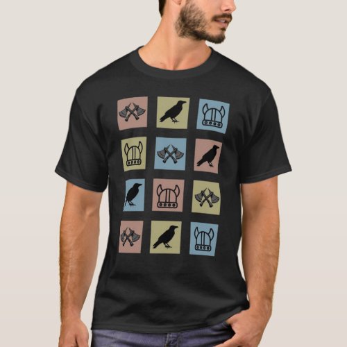 Raven Axes and Vikings Helmet squares Norse Myths T_Shirt