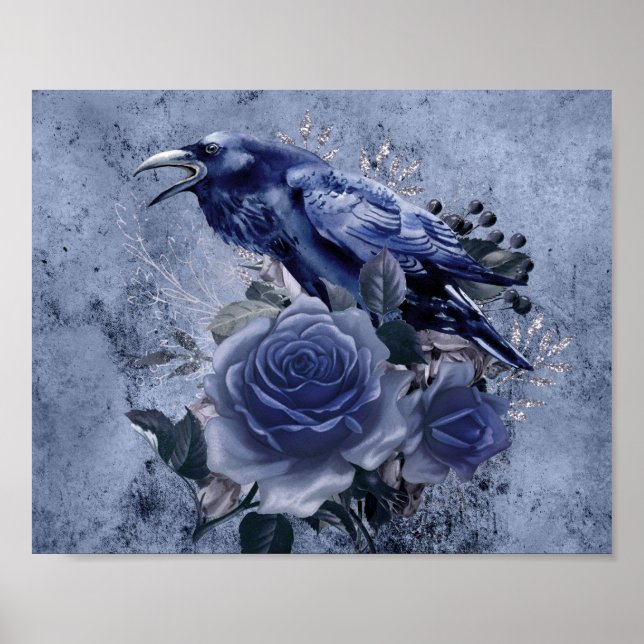 Raven Bird Blue Rose Whimsical Decoupage Print (Front)