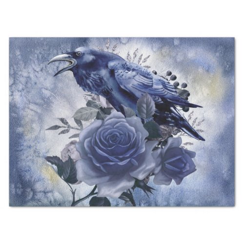 Raven Bird Blue Rose Whimsical Decoupage Tissue Paper