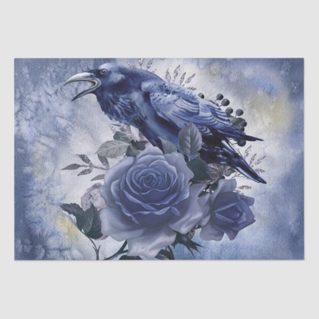 Raven Bird Blue Rose Whimsical Decoupage Tissue Paper (Front)