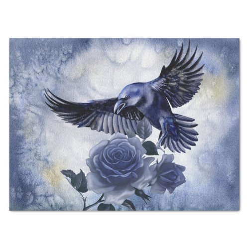 Raven Bird Blue Rose Whimsical Decoupage Tissue Paper