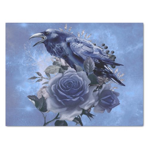 Raven Bird Blue Rose Whimsical Decoupage Tissue Paper