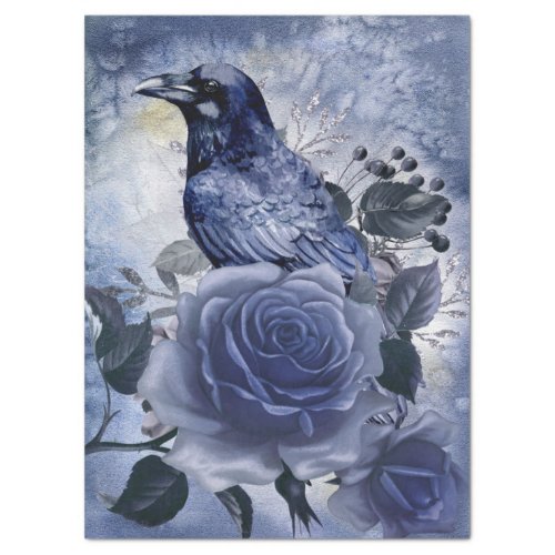 Raven Bird Blue Rose Whimsical Decoupage Tissue Paper