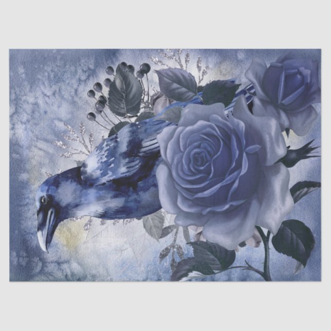Raven Bird Blue Rose Whimsical Decoupage Tissue Paper (Front)
