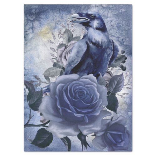 Raven Bird Blue Rose Whimsical Decoupage Tissue Paper