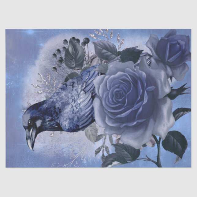 Raven Bird Blue Rose Whimsical Decoupage Tissue Paper (Front)