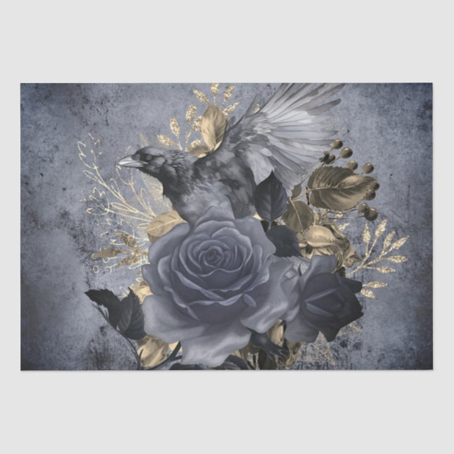 Raven Bird Gold Blue/Black Rose Whimsical Tissue P Paper (Front)