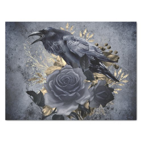 Raven Bird Gold BlueBlack Rose Whimsical Tissue Paper