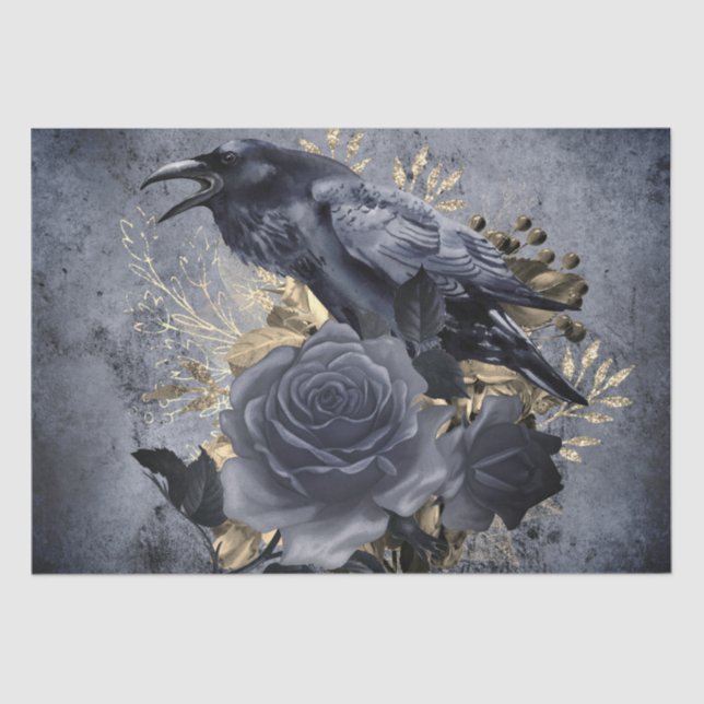 Raven Bird Gold Blue/Black Rose Whimsical Tissue Paper (Front)