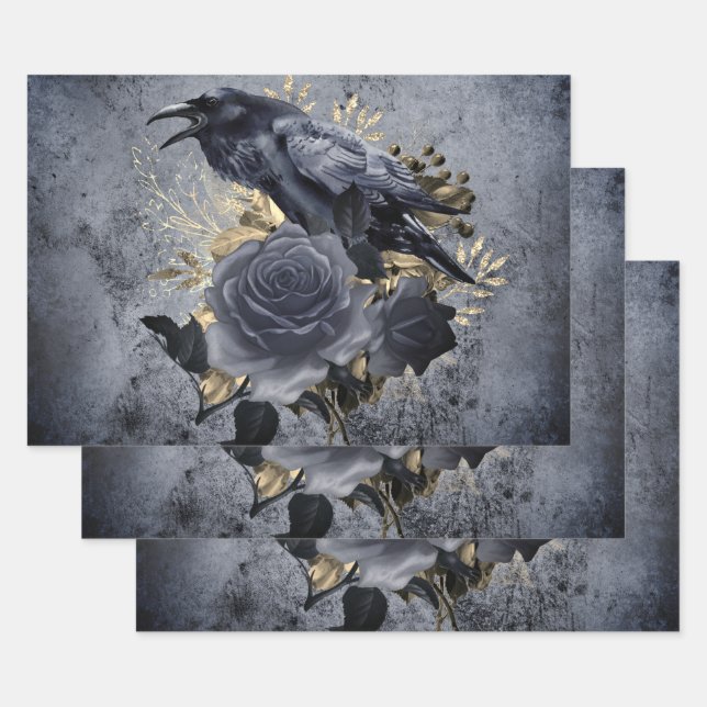 Raven Bird Gold Blue/Black Rose Whimsical Wrapping Paper Sheets (Set)