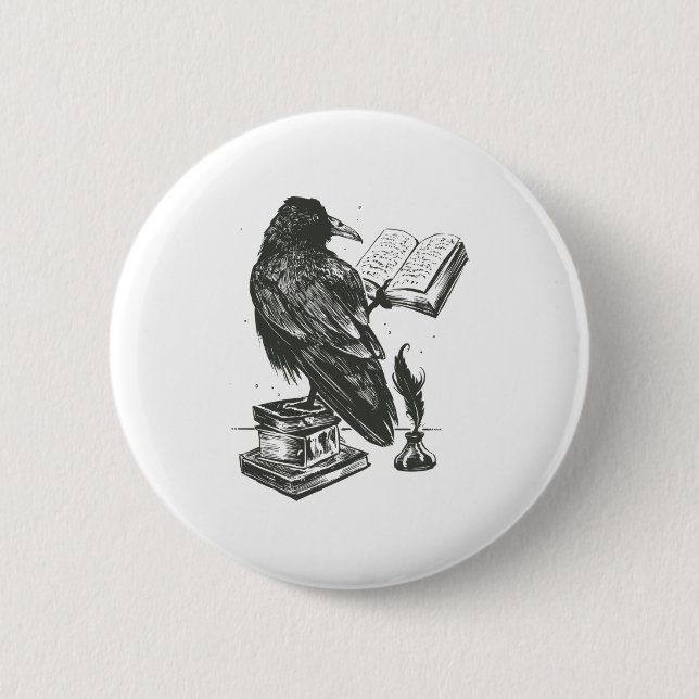 Raven bird reading book button (Front)