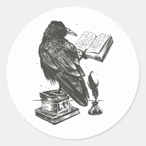 Raven bird reading book design classic round sticker
