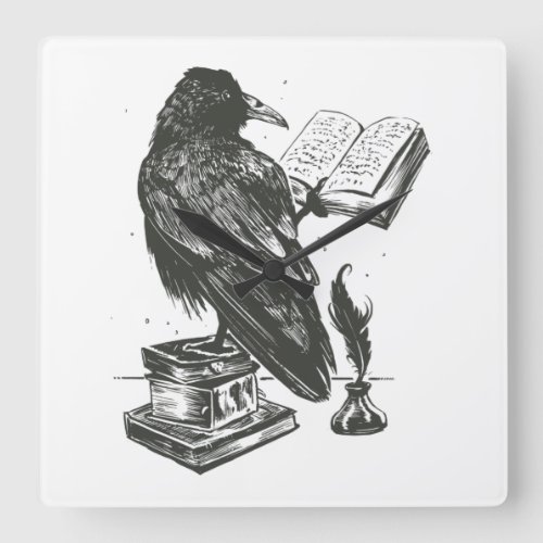 Raven bird reading book design square wall clock