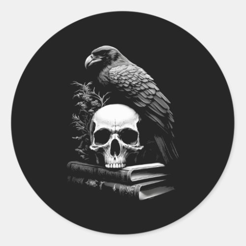 Raven Bird Skull And Books Witchy Occult Academia  Classic Round Sticker