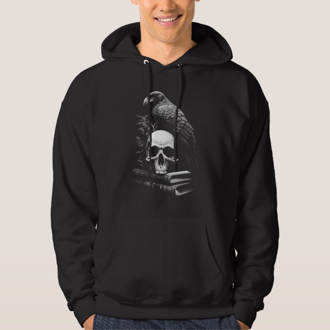Raven Bird, Skull And Books Witchy Occult Academia Hoodie (Front)