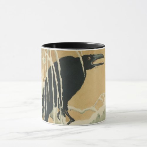 Raven black bird tree branch vintage illustration mug
