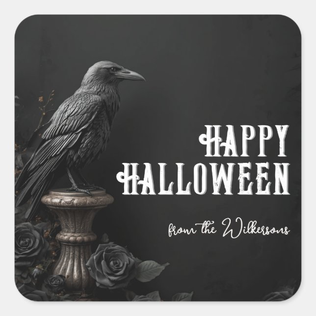 Raven & Black Rose Gothic Halloween Custom Name Square Sticker (Front)
