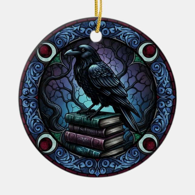 Raven Book Stack Gothic Bookish Ceramic Ornament (Front)