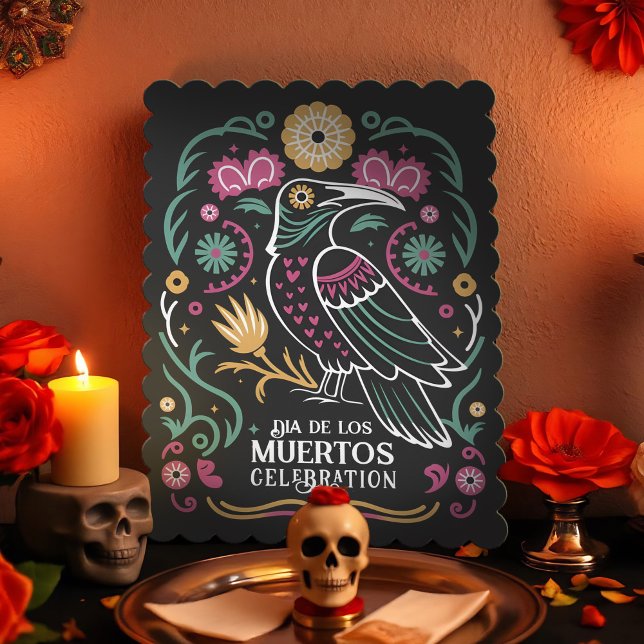 Raven & Calavera Dio De Los Muertos Celebration Invitation (Vibrant Dia de los Muertos invitations w/ raven and calavera skull, adorned with hearts and flowers)