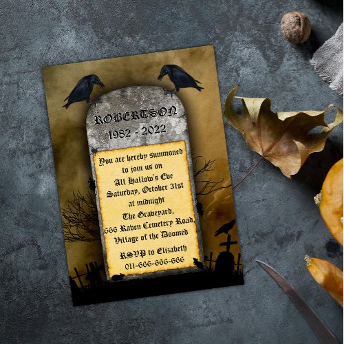 Raven Cemetery Creepy Halloween Invitation Postcard