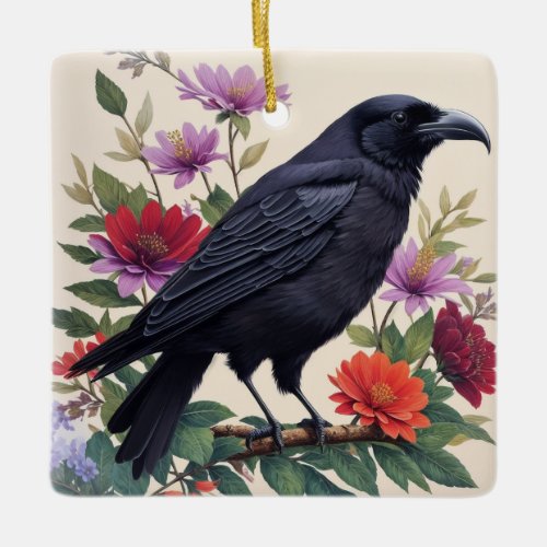 Raven Colorful Floral Art Ceramic Ornament