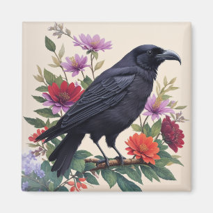Raven Colorful Floral Art Magnet